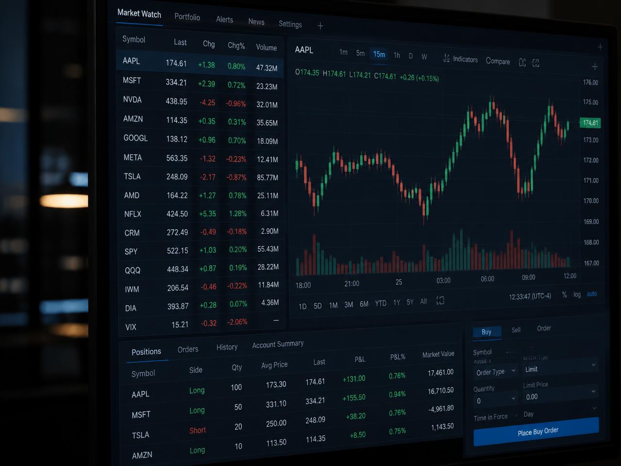 Trading terminal showing a market watchlist and price chart